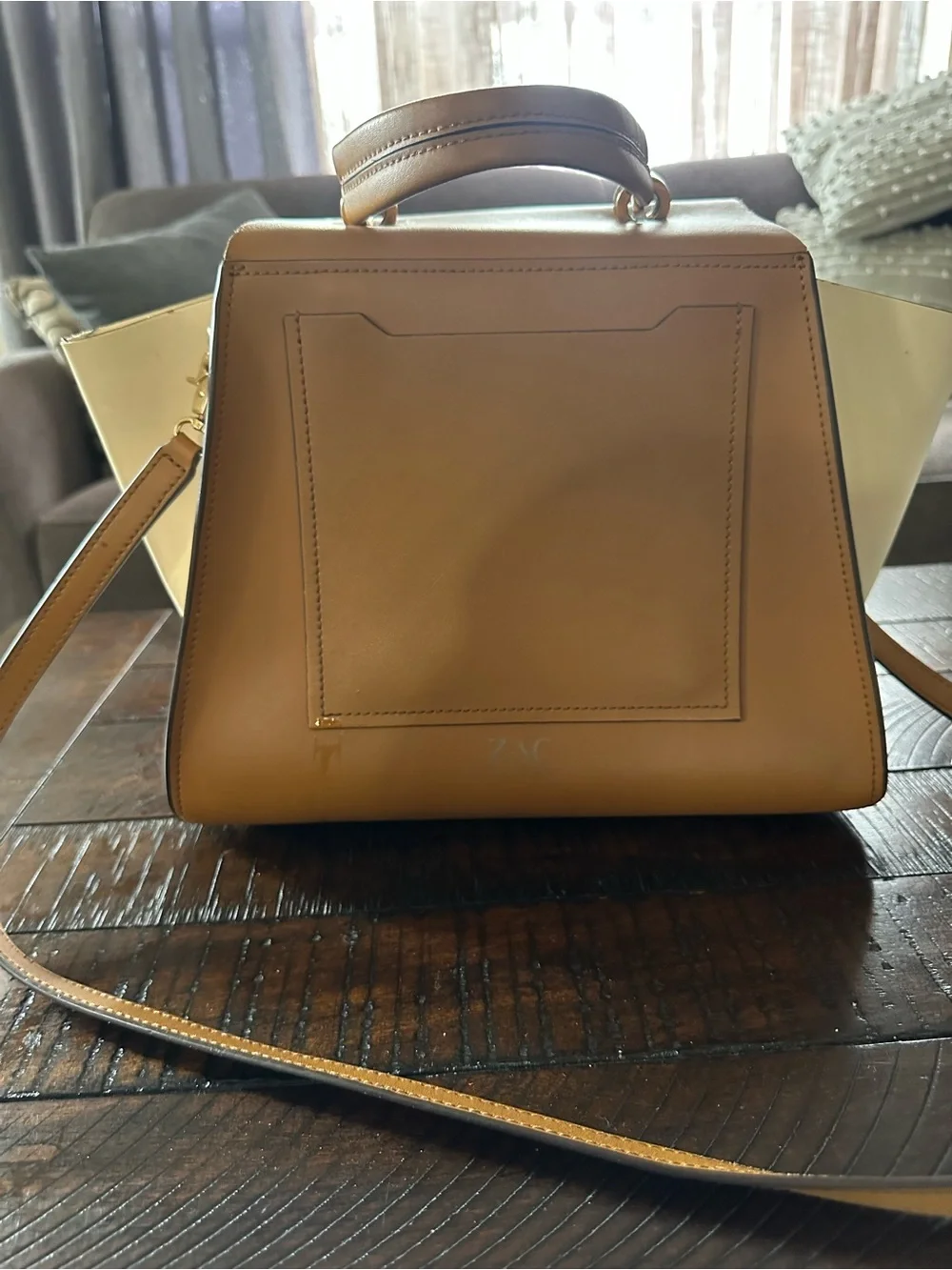 Zac Posen Brown and White Structured Top-Handle Satchel